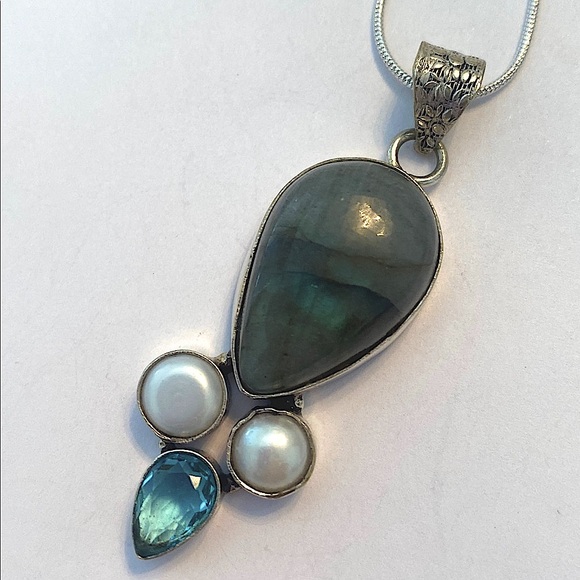 2 1/2 inch, Labradorite, Pearl, and Blue Topaz pendant on a silver chain. - Picture 1 of 6